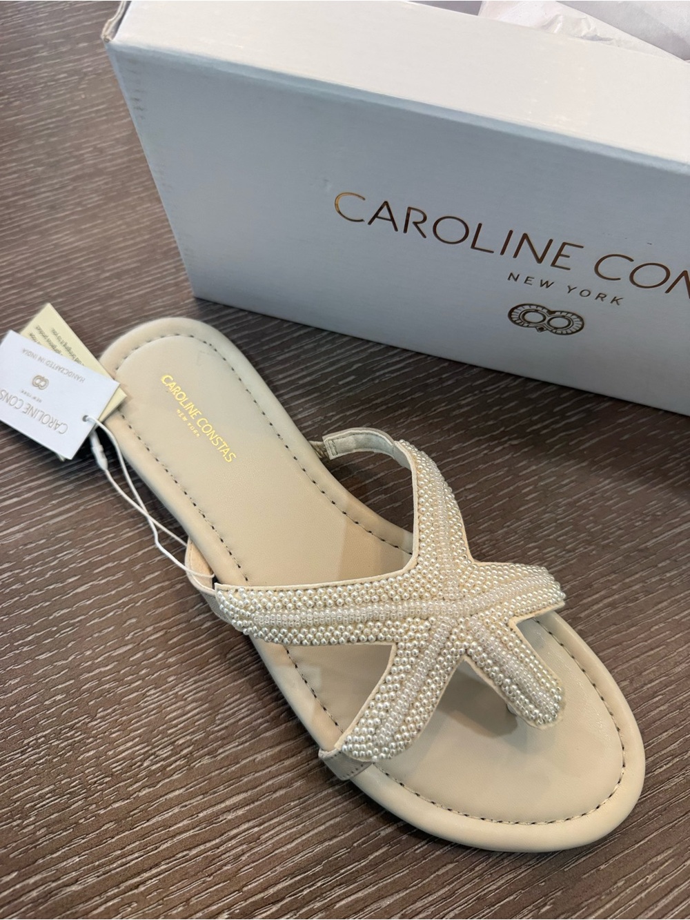 Caroline Costas Beaded White Starfish Slide Sandal — Women's